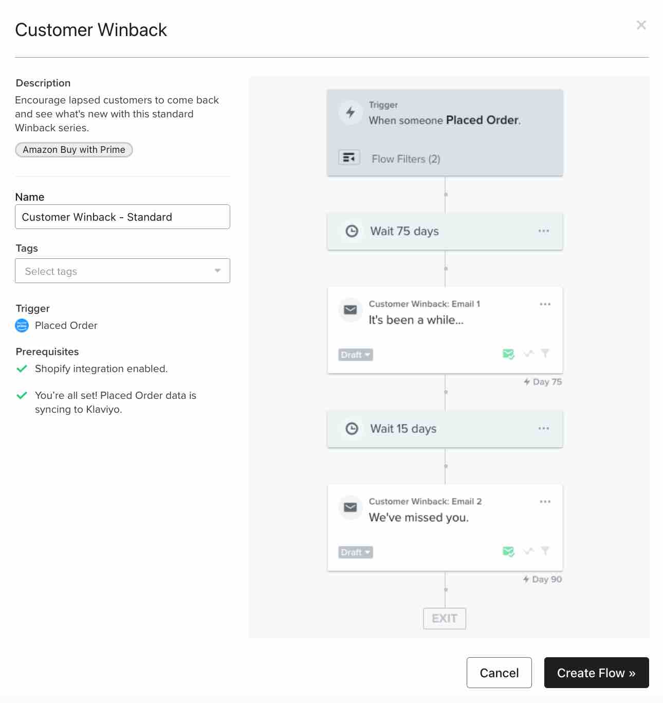 Comprar con Prime Shopify Vista previa del flujo Winback