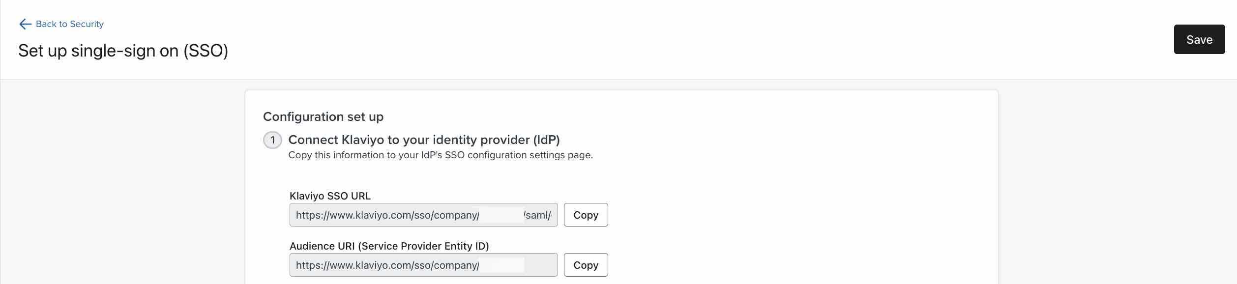 Parte superior de la página de configuración del SSO, donde copias la URL del SSO de Klaviyo y el URI del público