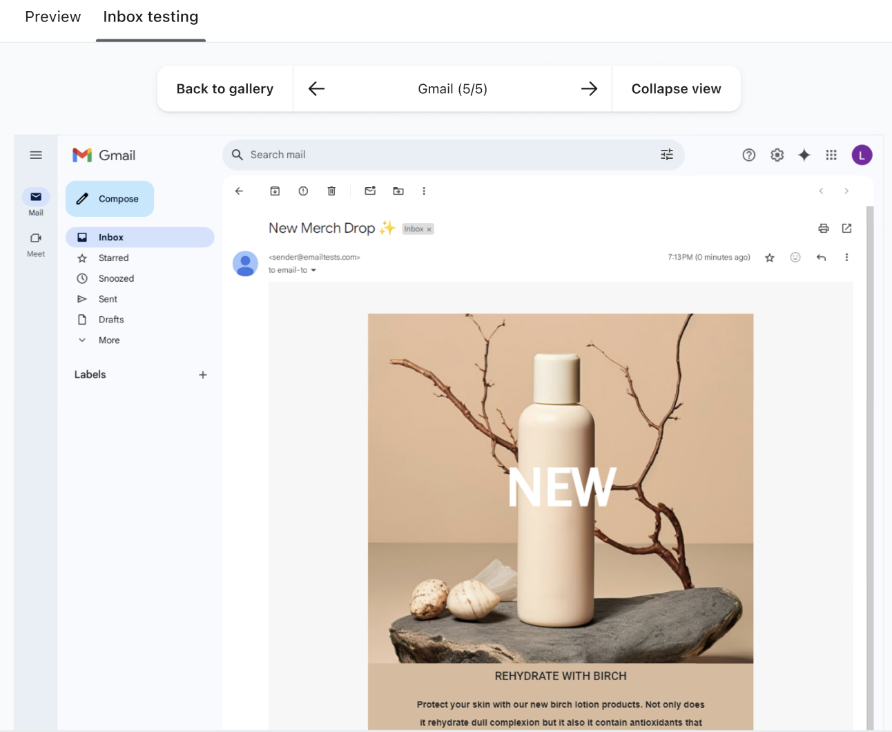 Vista previa detallada de un correo electrónico en Gmail utilizando las pruebas de bandeja de entrada de Klaviyo, mostrando el anuncio de un nuevo producto.