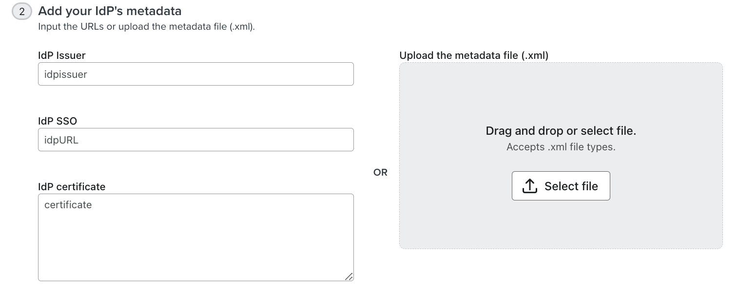 Segundo paso de la página de configuración del SSO, donde añades información sobre tu proveedor de identidad (IdP) emisor