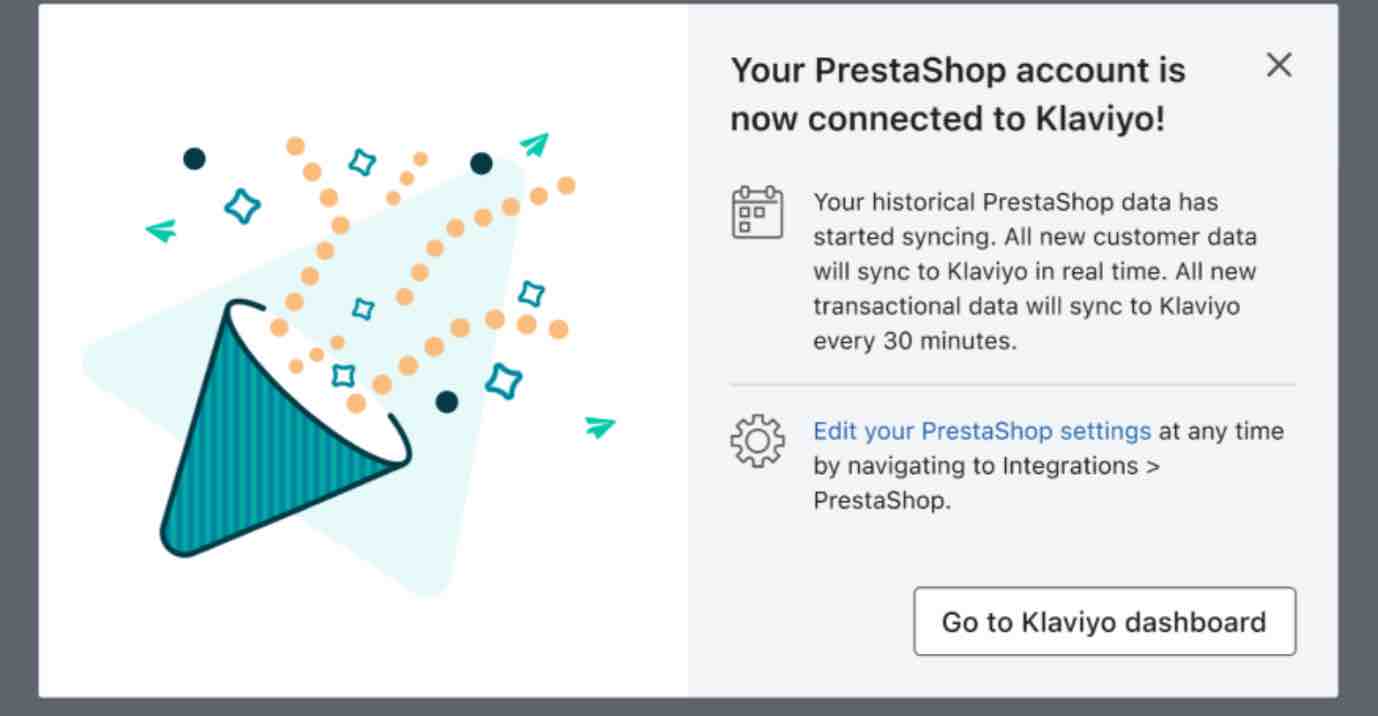 Meddelande om att ditt PrestaShop-konto nu är anslutet till Klaviyo