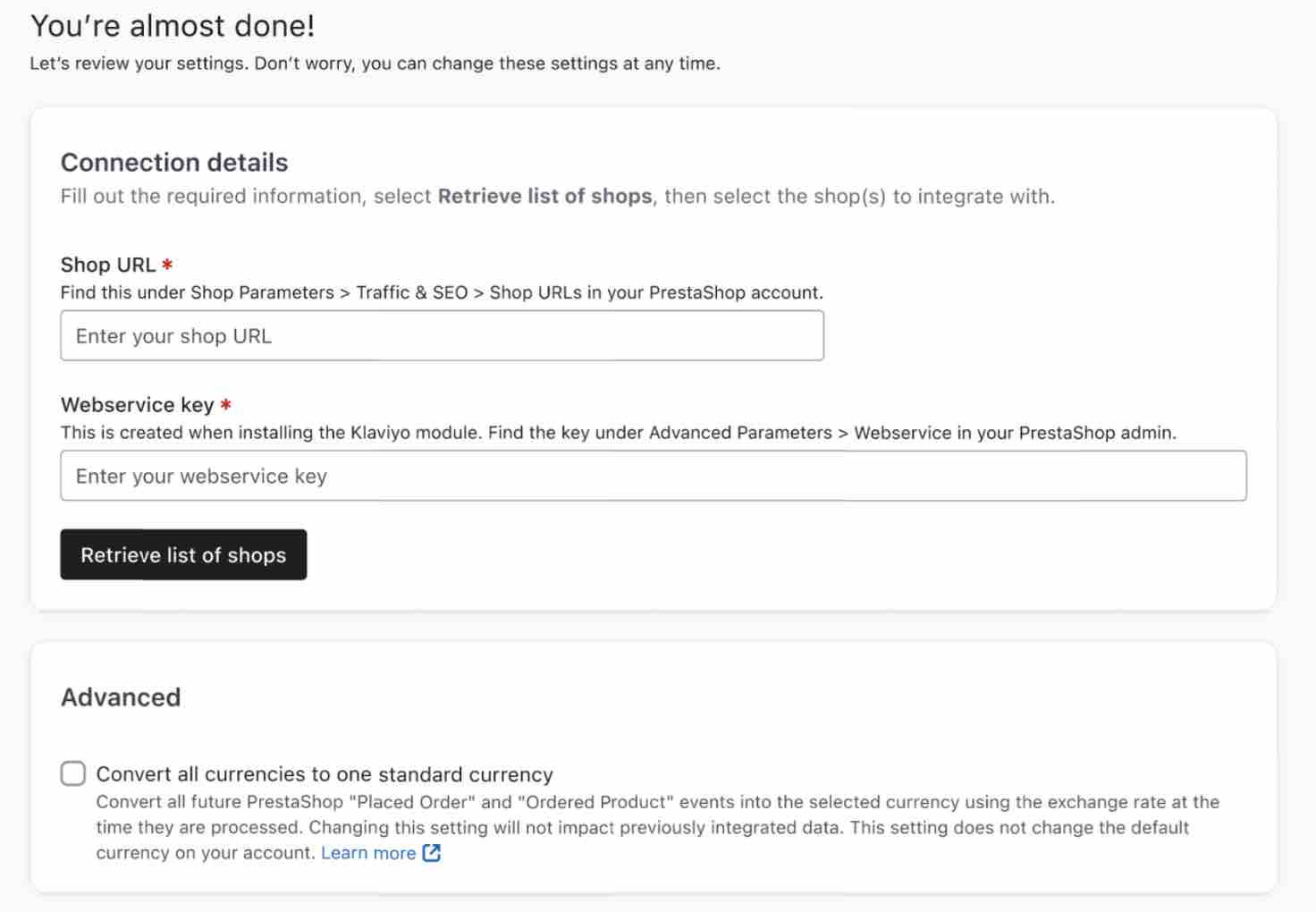 Verbindingsgegevens voor PrestaShop in Klaviyo inclusief webshop-URL en webservicecode