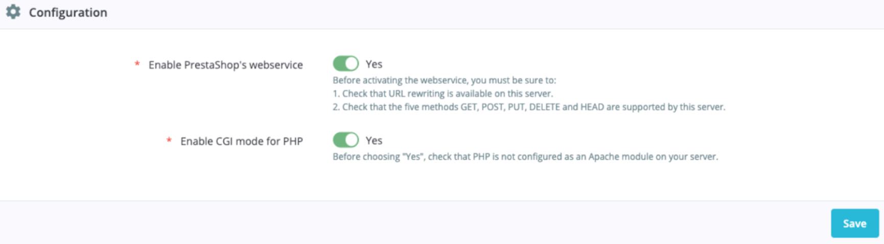 Una página de configuración en PrestaShop que muestra la opción para habilitar el modo CGI para PHP activada