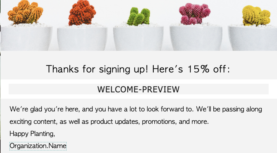 Um exemplo de e-mail com um tag de cupom exibido no modo de visualização.