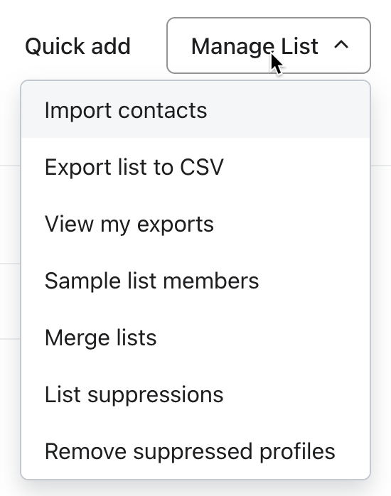 Import contacts from the Manage List dropdown