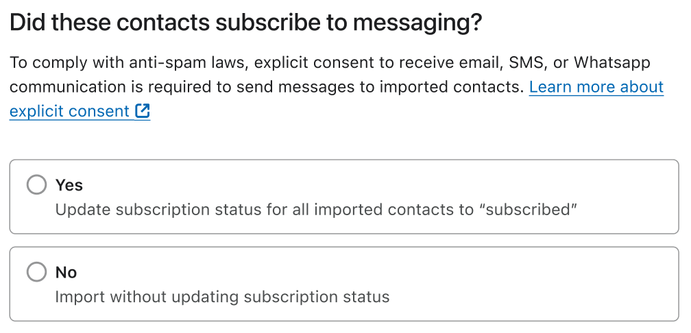 Modal to confirm that contacts have explicitly consented to receiving email, SMS, or WhatsApp messages