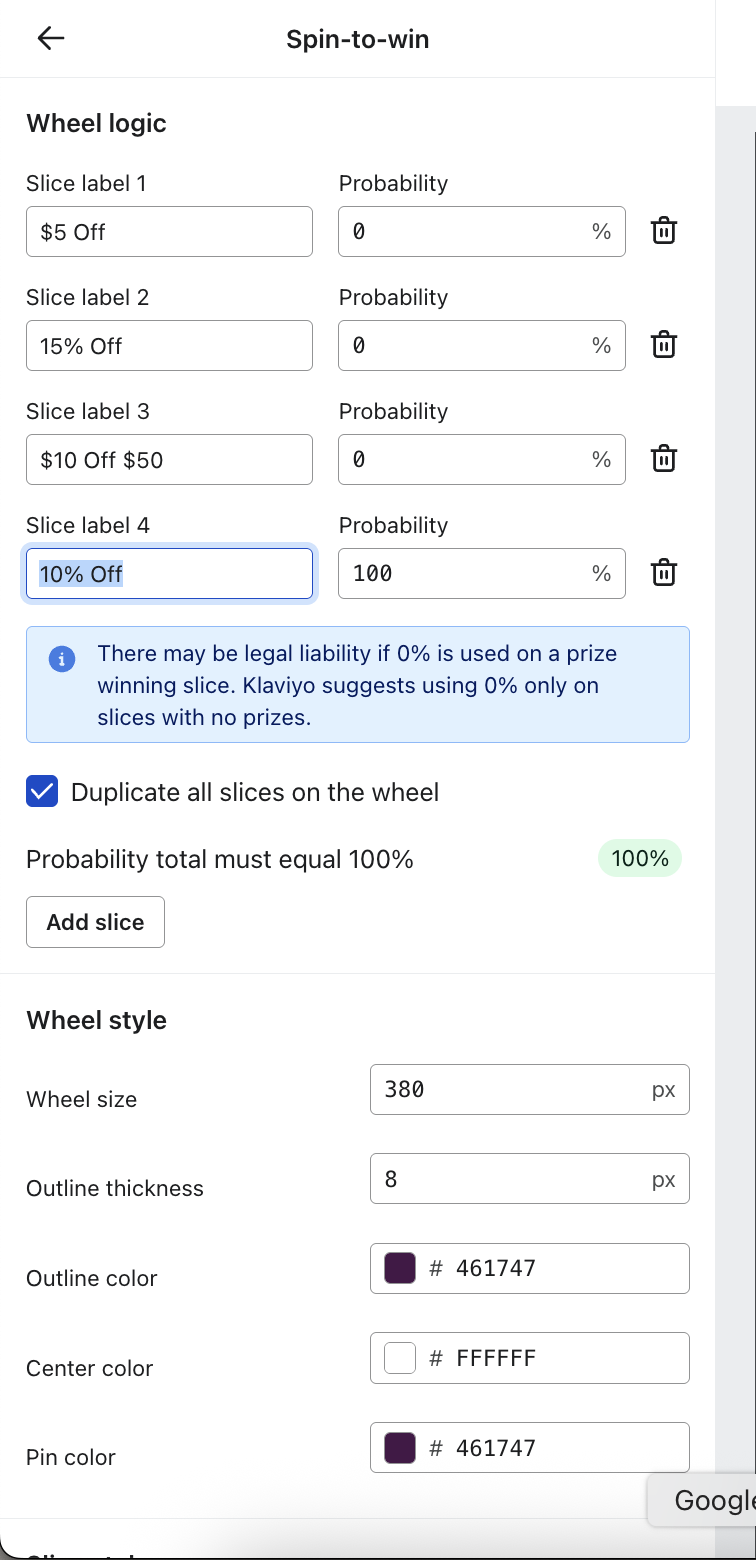 Klaviyo Configurazione Spin-to-win con solo "10% Off" con probabilità 100%; tutte le altre fette sono impostate a 0%.