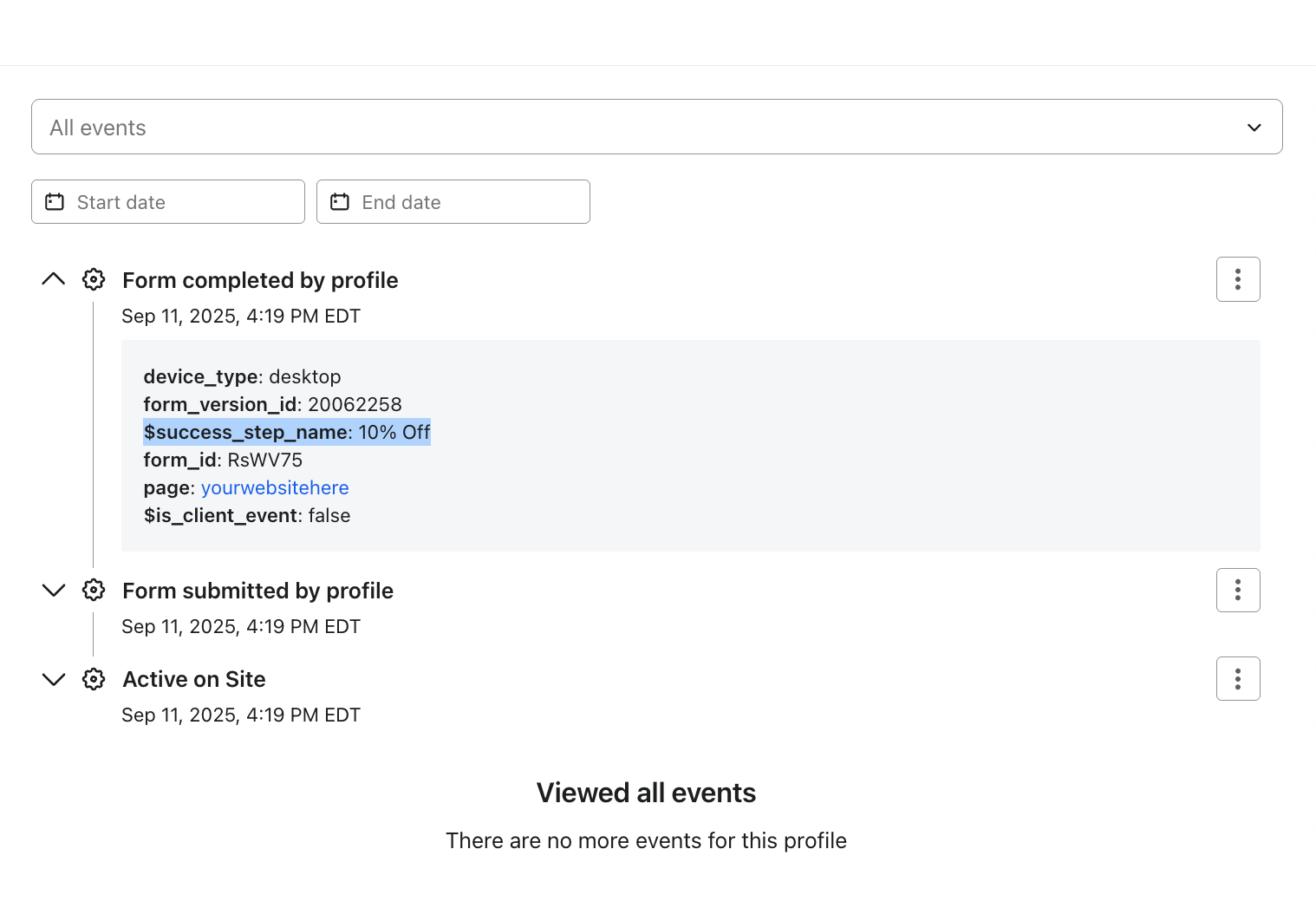 Il campo success_step_name viene evidenziato nel menu Proprietà del profilo, annidato sotto l'evento Modulo compilato dal profilo