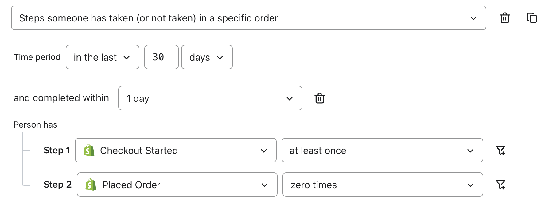 Przykład pokazujący, jak utworzyć lejek sprzedażowy, w którym klienci rozpoczęli kasę, ale nie dokonali zakupu.