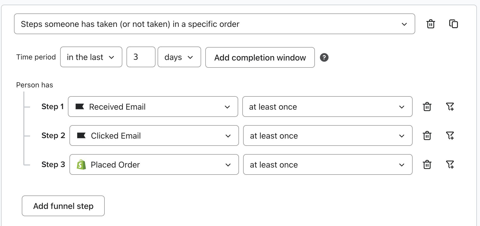 Przykład pokazujący, jak utworzyć lejek sprzedażowy, w którym klienci otrzymują kampanię, klikają link, a następnie dokonują zakupu.