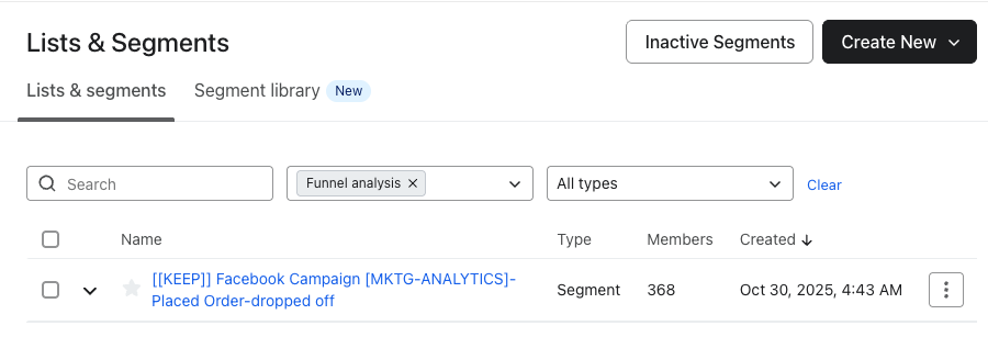 segment d’entonnoir sur la page de liste des segments