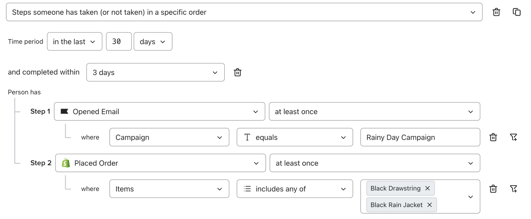 Un exemple qui montre comment créer un entonnoir où les clients ouvrent un e-mail et passent une commande