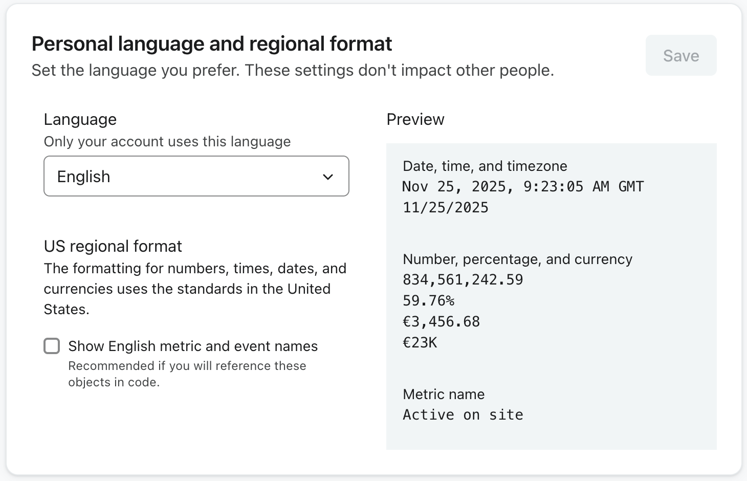 A seção Idioma pessoal e formato regional da página Configurações pessoais mostra um exemplo de idioma pessoal da conta definido como inglês.