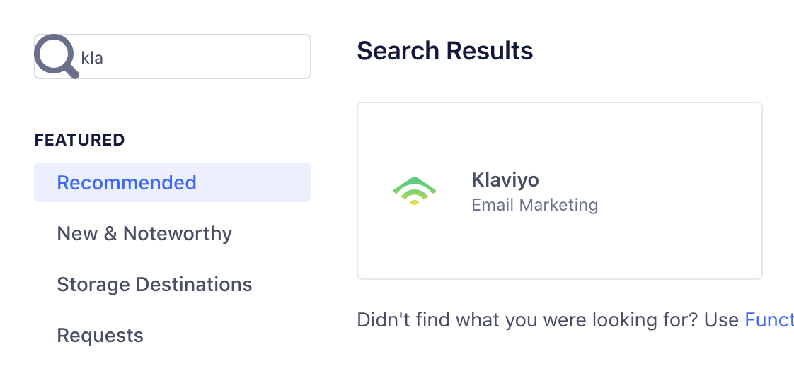 Search for Klaviyo in Destinations catalog, showing Klaviyo tile on right side of screen