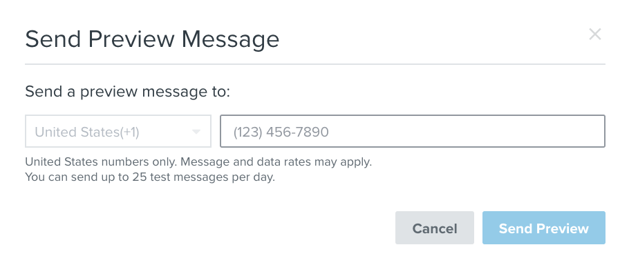 Send Preview Message modal has a dropdown to select country and a textbox to enter the phone number.
