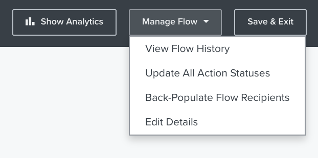 Manage Flow dropdown showing the Back-Populate Flow Recipients option