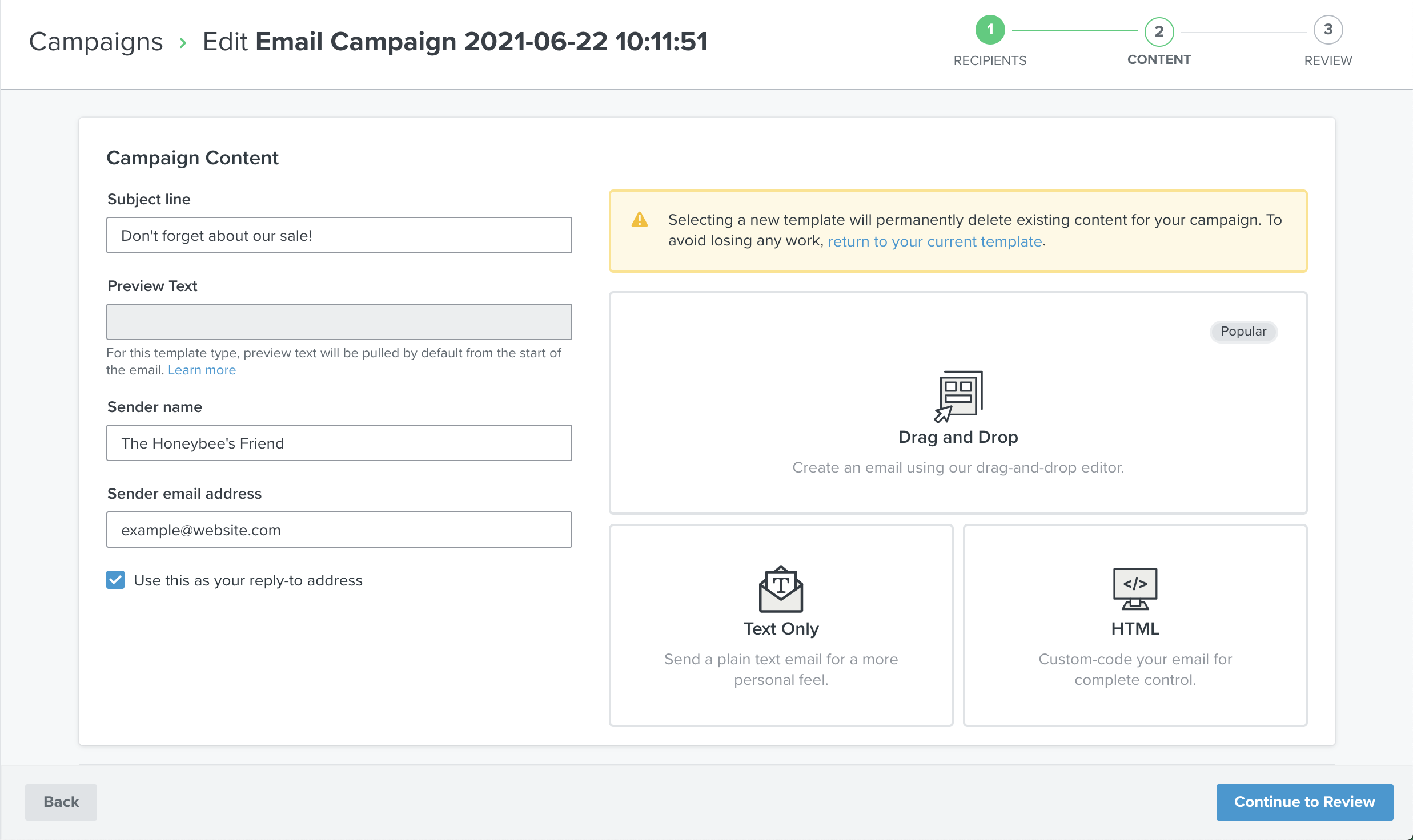 Screen where a new template can be selected for a campaign email