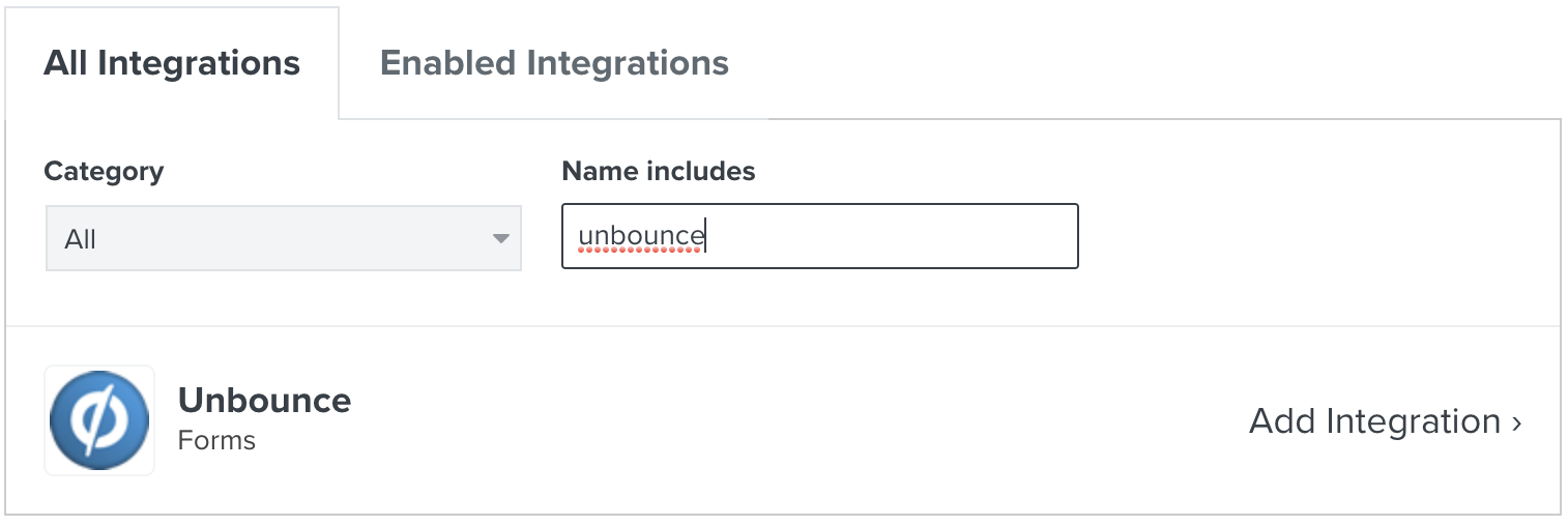 Klaviyo's integration search results for the Unbounce integration, with the Add Integration button on the right side of the screenshot