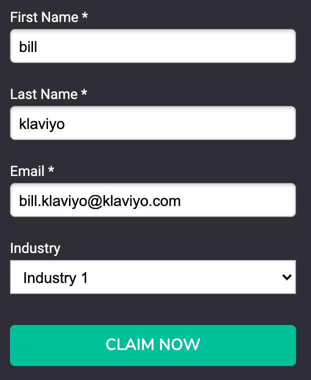 Example form in Unbounce to send data back to Klaviyo, with data filled in for first name, last name, email, and industry