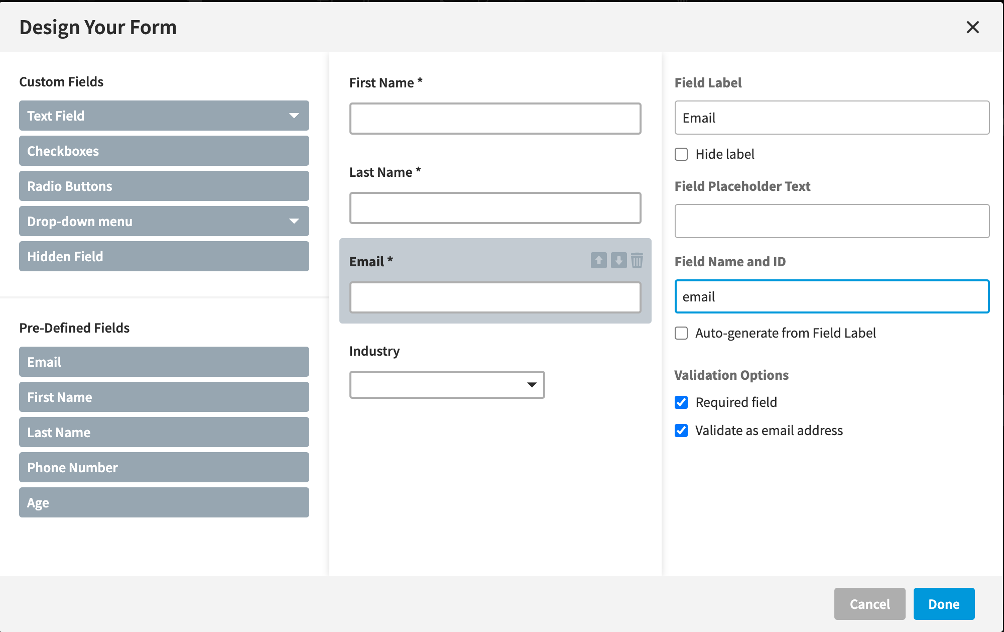 Unbounce's standard form editor, with the email field selected in center of editor and options to change the field name and ID on the right