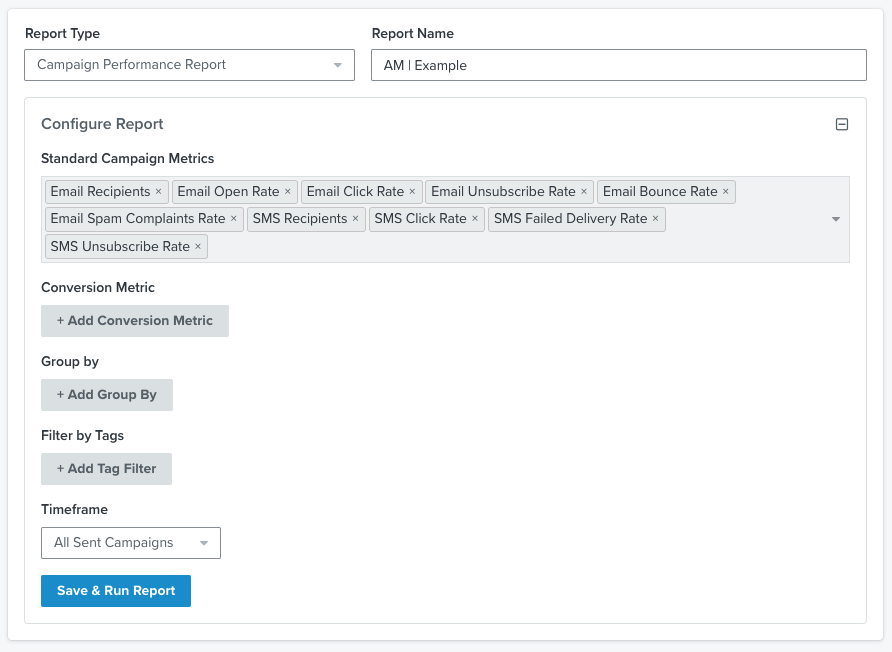 A view of the Campaign Performance Flow report with the ability to customize by standard Klaviyo deliverability and engagement metrics and and conversion metrics, groupings, and timeframe