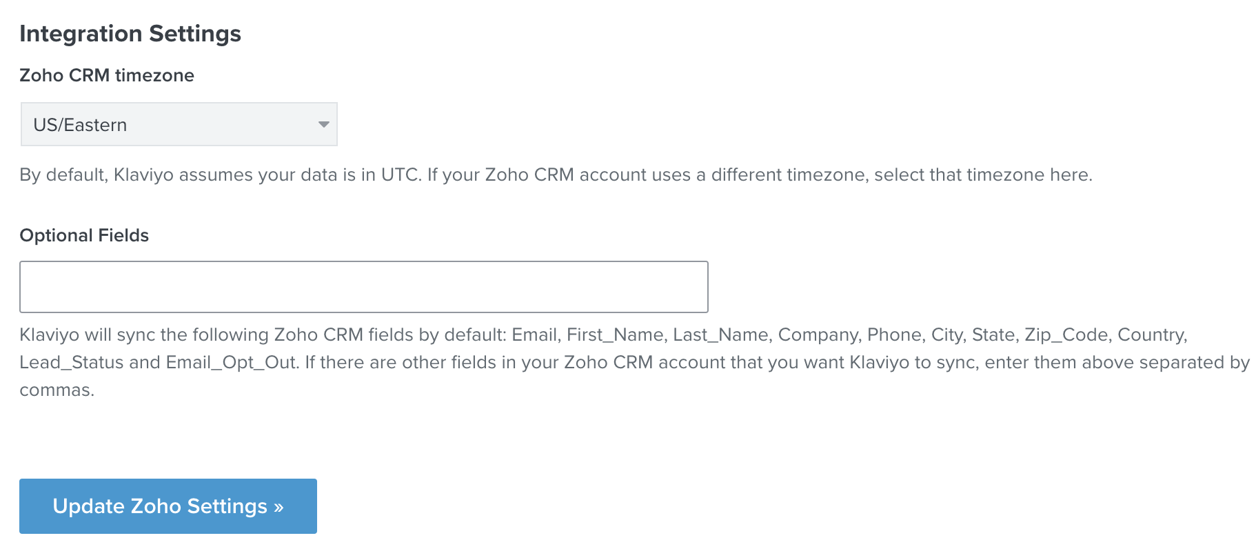 Select timezone and add any optional fields to Zoho integration