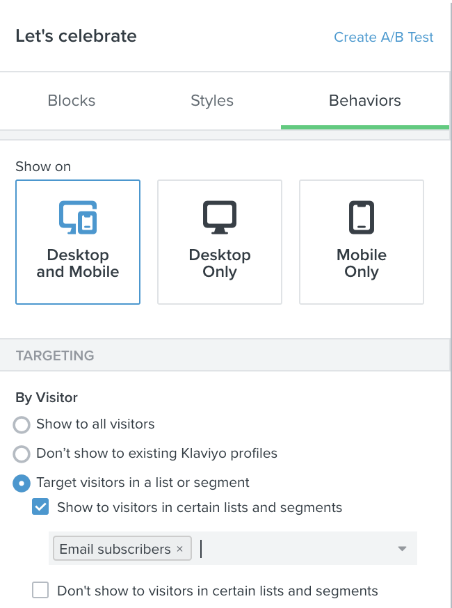 Inside the behaviors tab, targeting a segment of email subscribers with implied consent