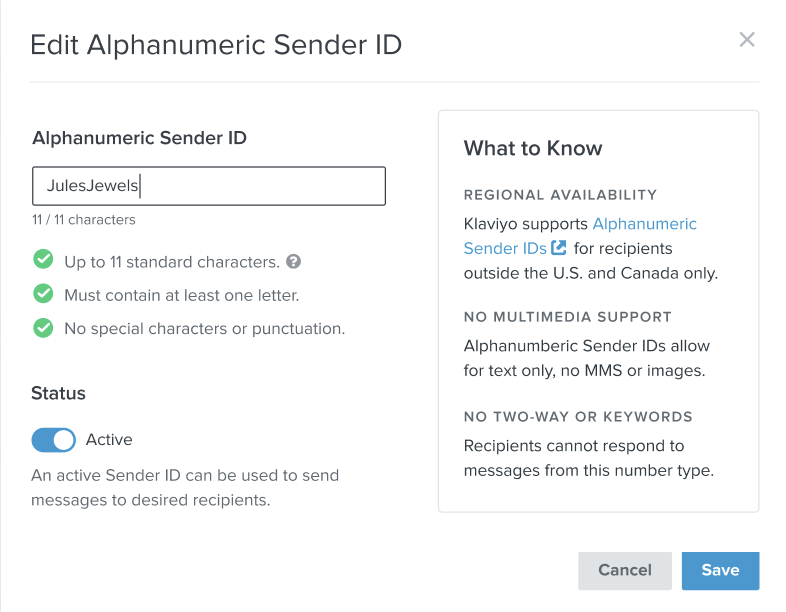 The modal where you can edit or turn off your sender ID