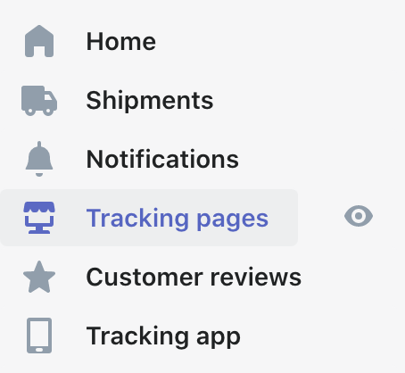 AfterShip's page selection menu with Tracking pages highlighted