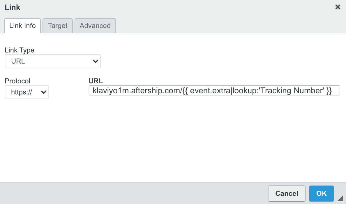 Klaviyo link editor, with protocol selected to https with the tracking page URL and custom placeholder text added to url