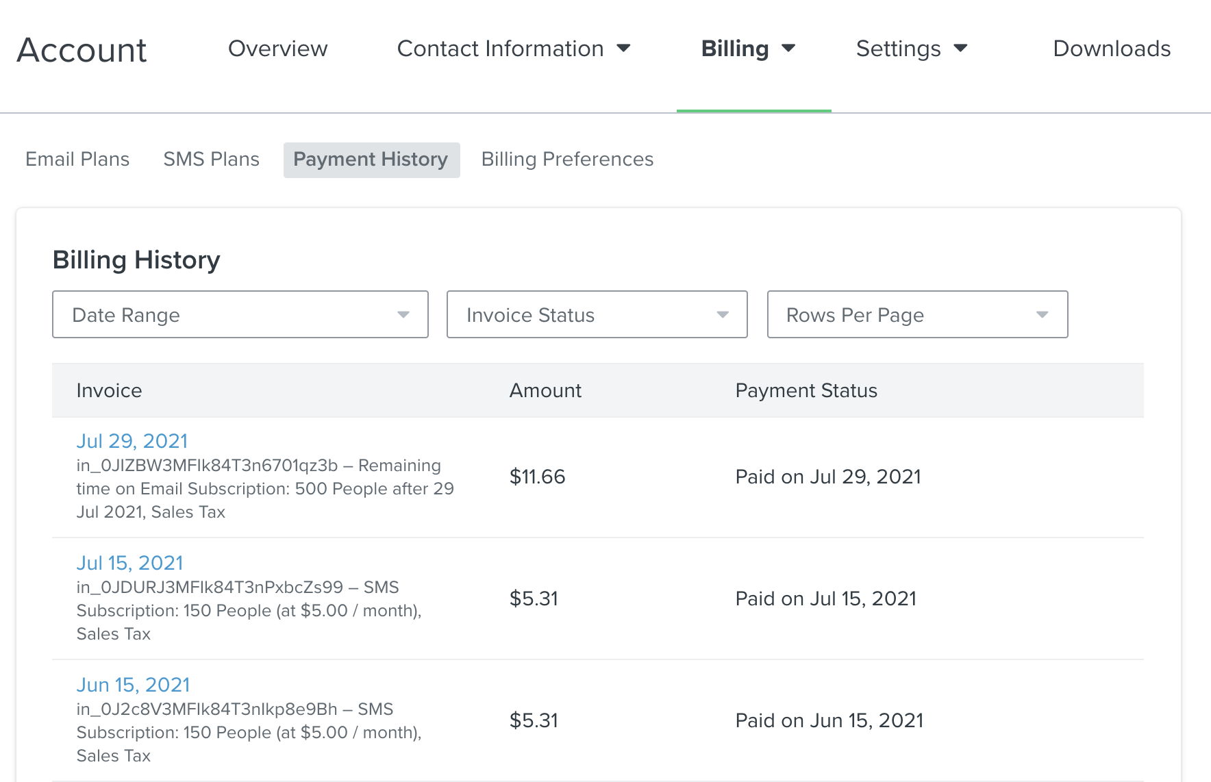 Billing history page
