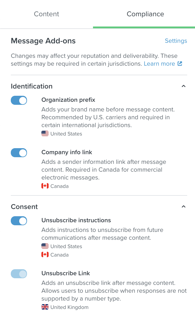 Klaviyo SMS message's compliance tab showing toggle to automatically add your organization’s name to the start of the message