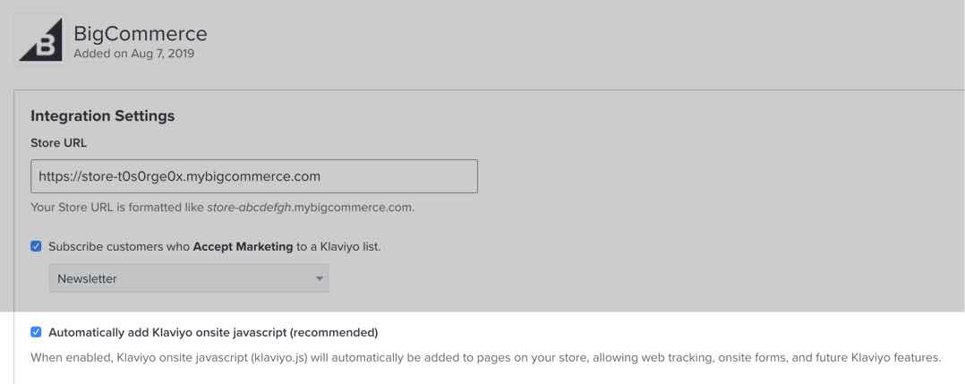 Klaviyo's BigCommerce integration page, with the setting Automatically install Klaviyo onsite javascript highlighted
