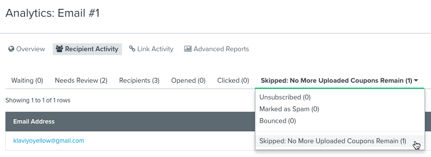 The skipped reason for no more uploaded coupons in an email's analytics 
