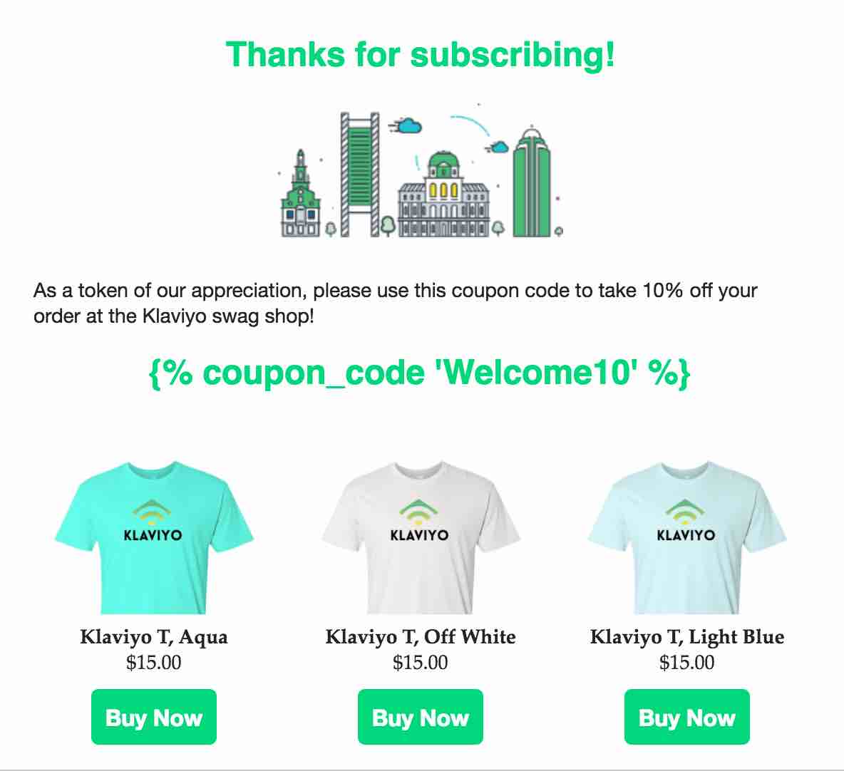 Example of a welcome flow email with a 10 coupon and showing images of products