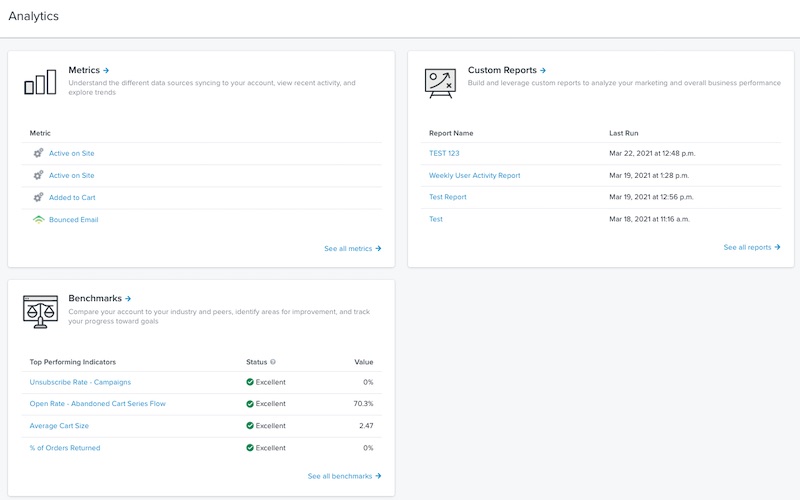 Full page view of the Analytics section of Klaviyo