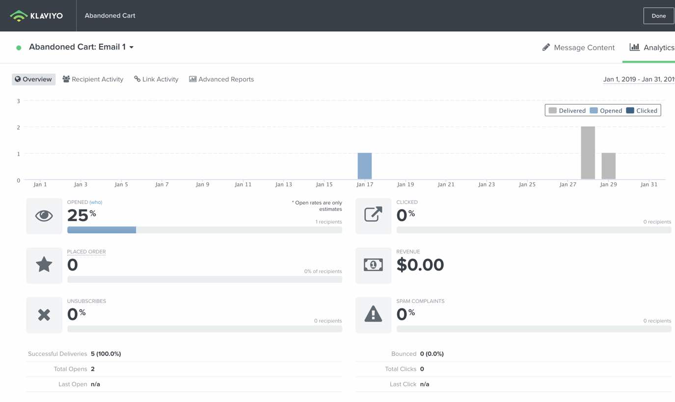 The Overview dashboard of the View All Analytics of Abandoned Cart: Email 1