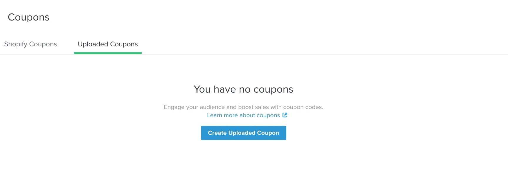 The uploaded coupons tab in Klaviyo showing 0 coupons