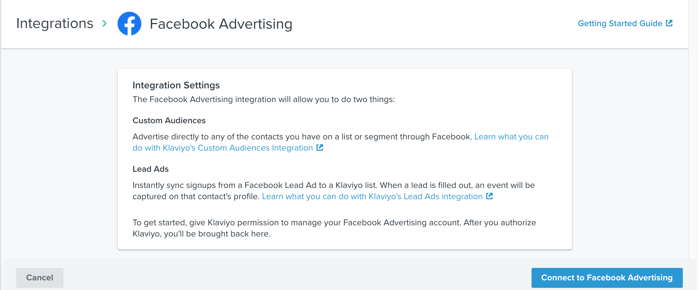 Klaviyo’s dashboard Facebook Ad settings page, with Custom Audiences and Lead Ads to connect to Facebook Advertising