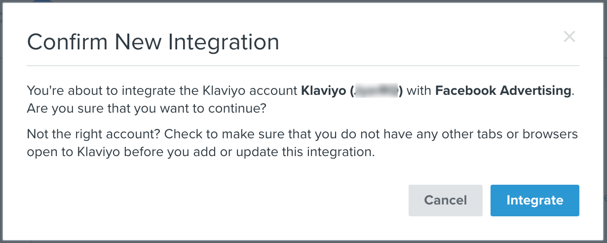 Confirm correct Facebook account integrated into Klaviyo marketing platform, with buttons to Cancel or Integrate