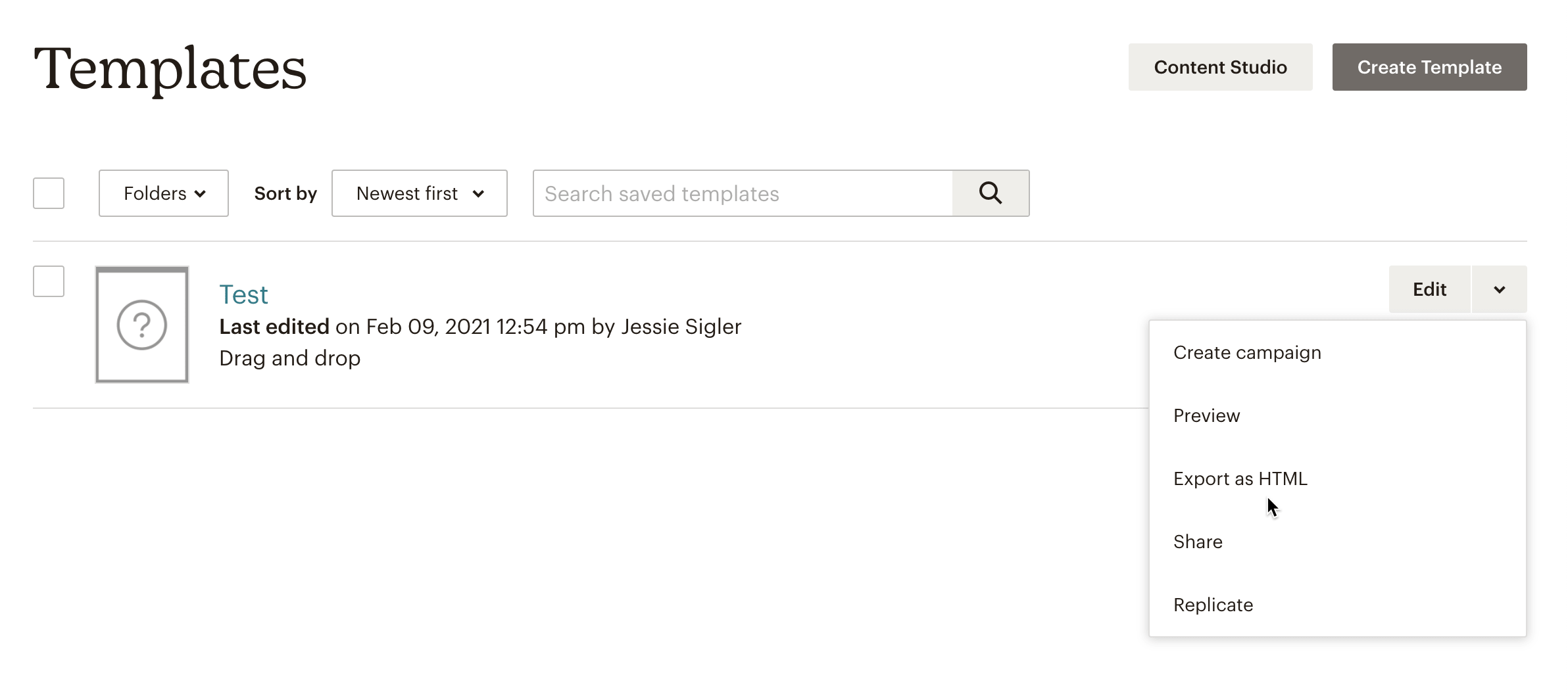 In Mailchimp’s Templates, Edit menu is selected on right-hand side of page for desired template, with mouse hovering over Export as HTML option