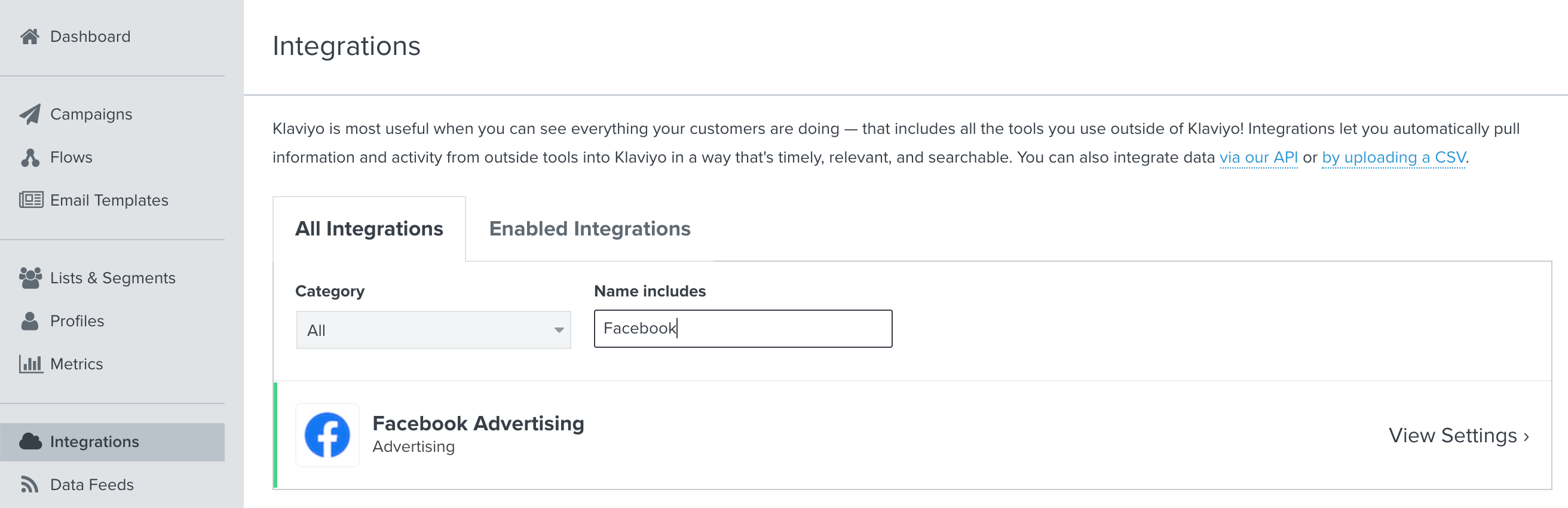 Klaviyo’s integration search page, filtered to show Facebook Advertising integration