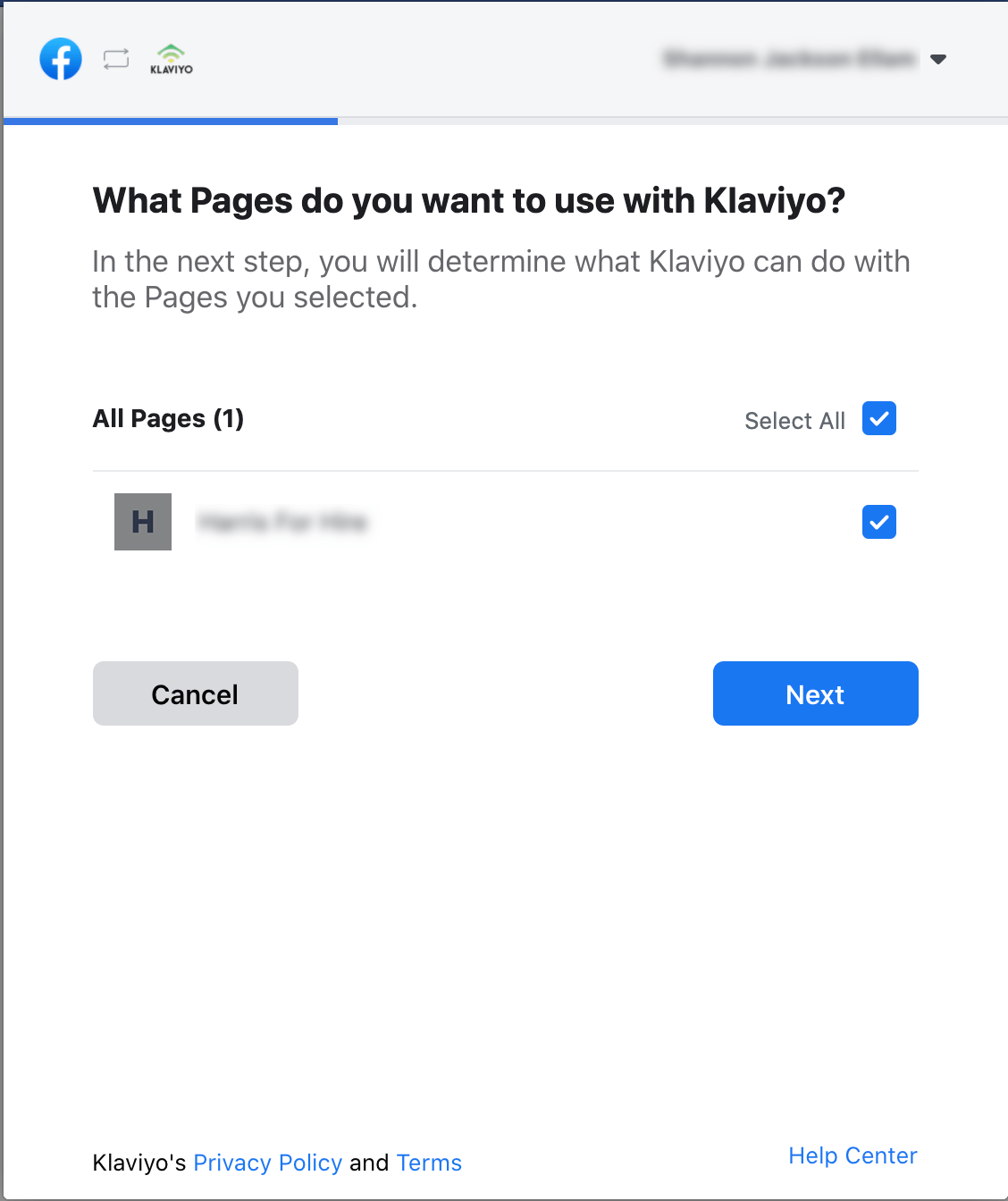 Select Facebook page to integrate with Klaviyo platform by selecting the checkbox on the right side, then clicking Next in bottom right