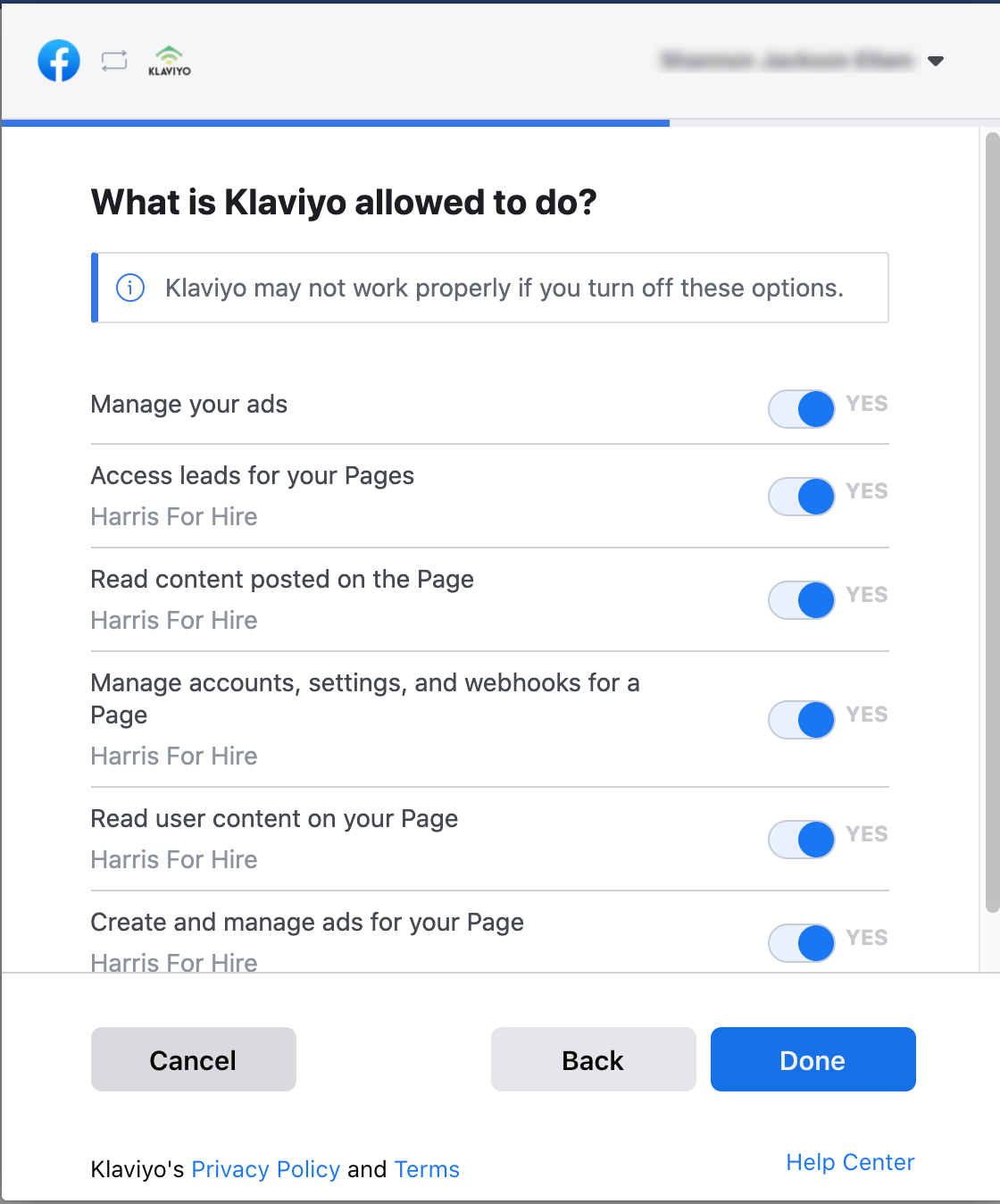 Granting Klaviyo all permissions to Facebook account by sliding all toggles to YES, with Cancel, Back, and Done buttons below toggles