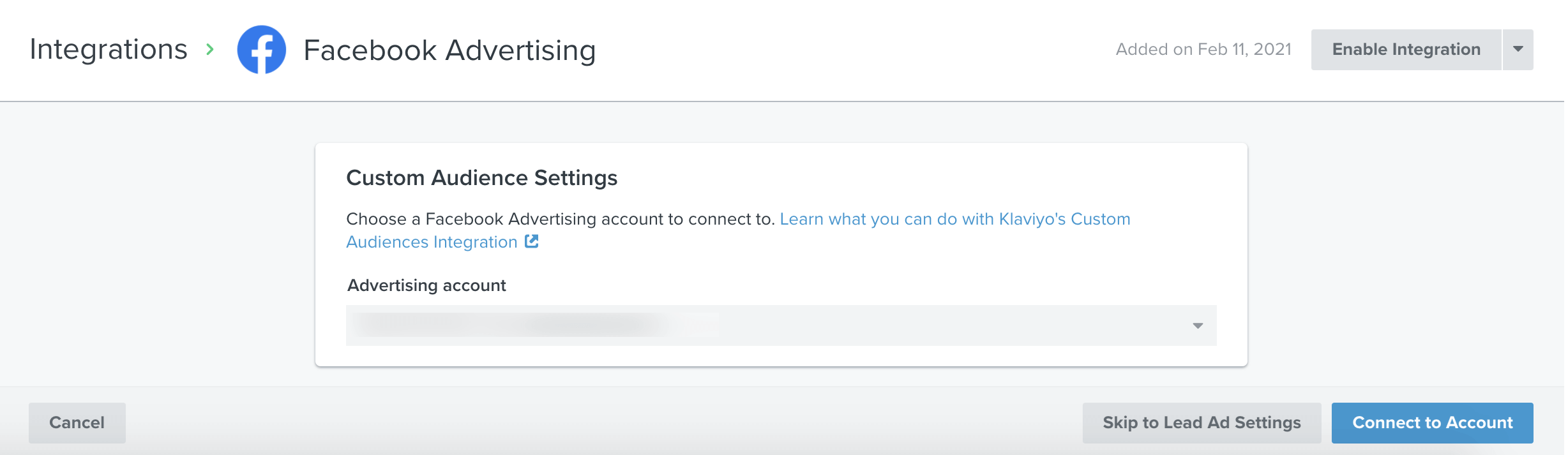 Provide Facebook Advertising account to Klaviyo marketing dashboard to sync Custom Audiences