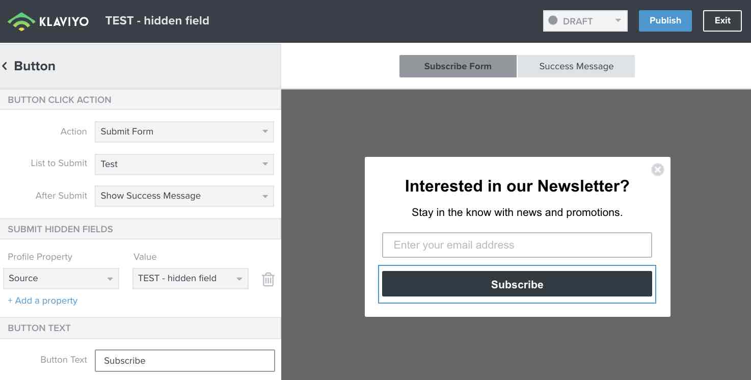 In a signup form's submit button settings, a hidden field, Source, is set to the value TEST - hidden field