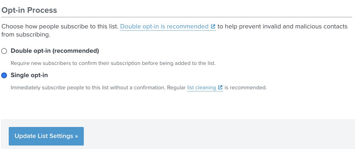 In the Settings tab of a list, the Single Opt In option is selected