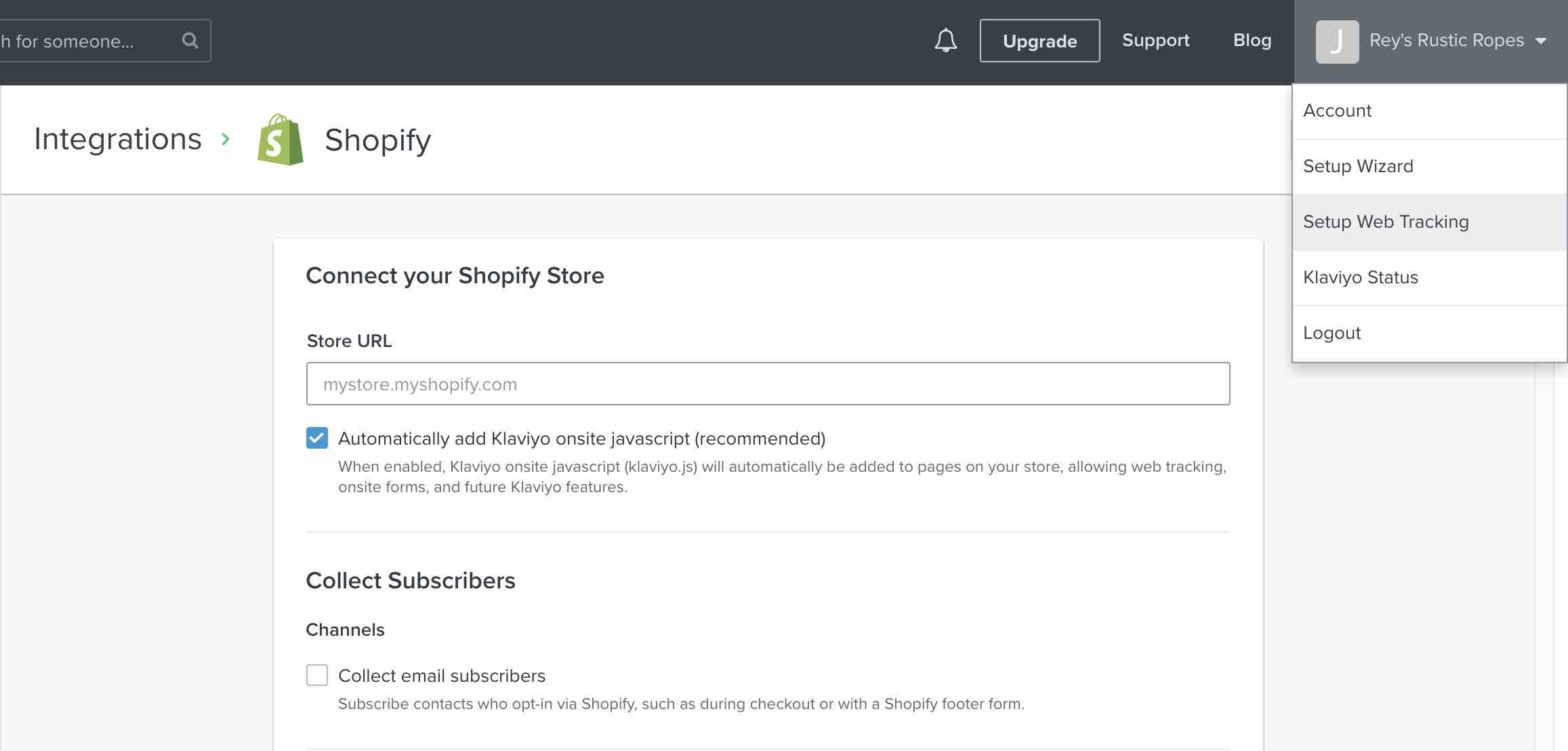 Klaviyo’s Shopify integration settings page, with account dropdown and Setup Web Tracking selected
