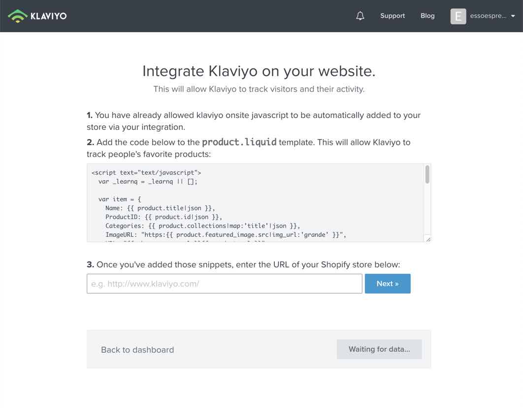 Klaviyo’s web tracking page with three steps including adding the web tracking JavaScript snippet and entering the URL of your Shopify store