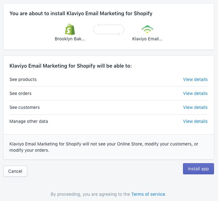 Shopify’s Klaviyo app permissions page, with the data that Klaviyo will see, Install app, and Cancel